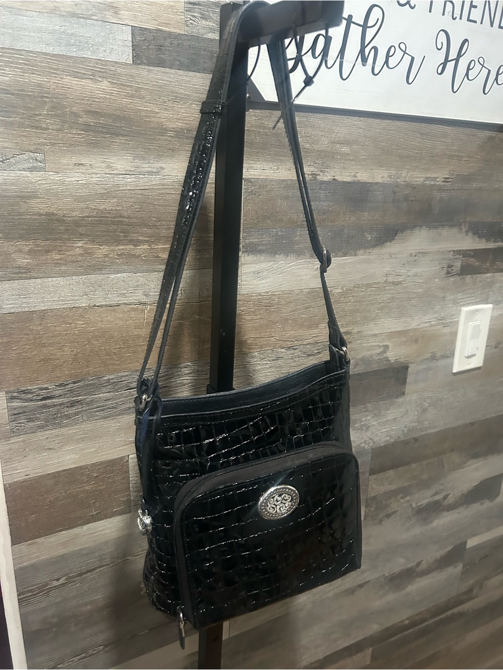 Brighton Black Croc-Texture Crossbody with Silver Medallion